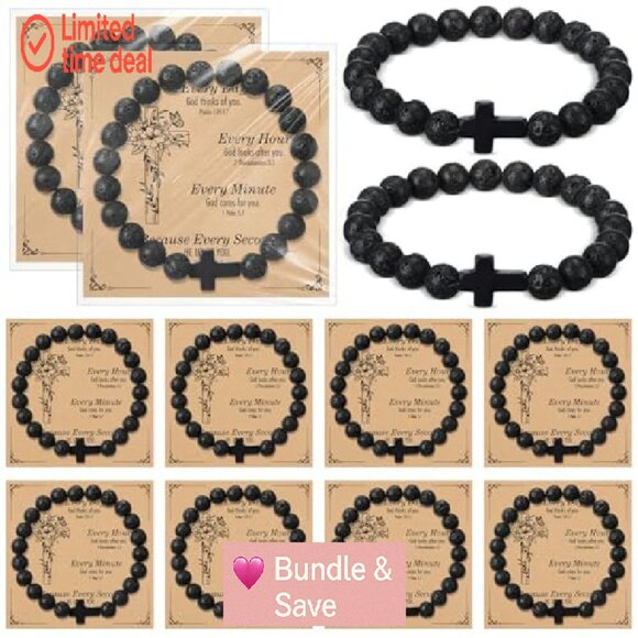 12 Natural Stone Cross Bracelets Set Christian Gift Stretch Fit - Picture 2 of 8